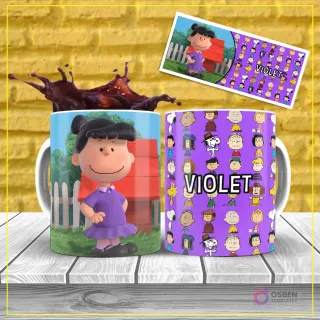 Diseño de sublimación para taza de la personaje Violet Gray de Peanuts, con su vestido morado, sobre un fondo púrpura con patrón de personajes.