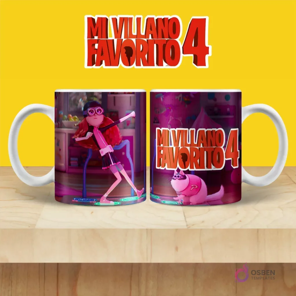 Taza de sublimación con personaje femenino de cabello rosa bailando y gato de Mi Villano Favorito 4