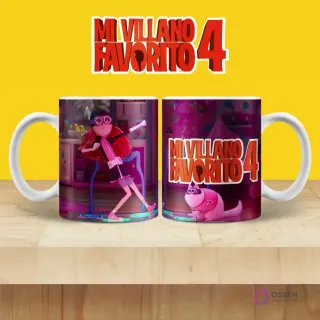 Taza de sublimación con personaje femenino de cabello rosa bailando y gato de Mi Villano Favorito 4