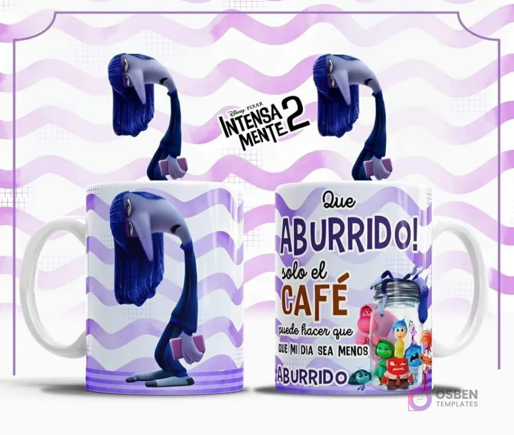 Plantilla sublimación taza Aburrimiento Intensamente 2, personaje violeta con cabello lacio y fondo de ondas moradas, frase 'Que aburrido! solo el café puede hacer que mi día sea menos aburrido'.