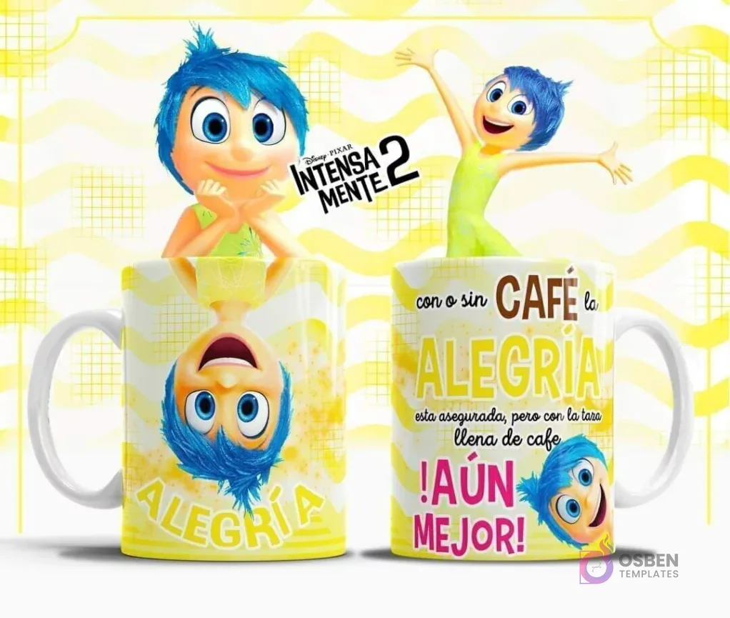 Plantilla sublimación taza Alegría Intensamente 2, personaje amarillo sonriendo con cabello corto azul y fondo de ondas amarillas, frase 'Con o sin CAFÉ la ALEGRÍA está asegurada, pero con la taza llena de café ¡AÚN MEJOR!'.