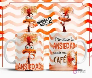 Plantilla sublimación taza Ansiedad Intensamente 2, personaje naranja inquieto con cabello de fuego y fondo de ondas naranjas, frase 'Me atacó la ANSIEDAD necesito más CAFÉ'.