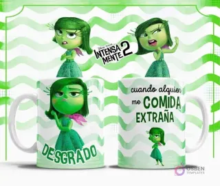 Plantilla sublimación taza Desagrado Intensamente 2, personaje verde con expresión de disgusto y cabello liso, fondo de ondas verdes, frase 'cuando alguien me COMIDA EXTRAÑA'.