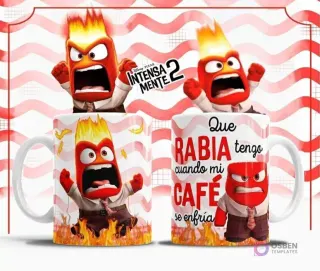 Plantilla sublimación taza Furia Intensamente 2, personaje rojo enojado con llamas en la cabeza y fondo de ondas rojas, frase 'Que RABIA tengo cuando mi CAFÉ se enfría'.