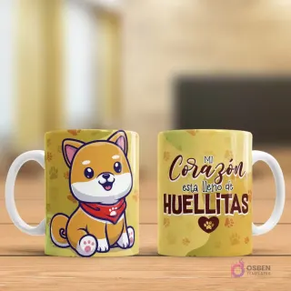 Taza sublimada con ilustración de Shiba Inu de caricatura y frase 'Mi corazón está lleno de HUELITAS'