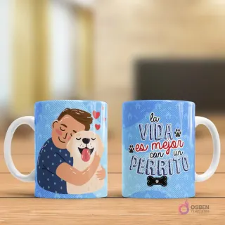 Taza sublimada con ilustración de persona abrazando golden retriever y frase 'La VIDA es mejor con un PERRITO'