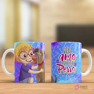 Taza sublimada con ilustración de niño abrazando perro marrón y frase 'Yo amo a mi PERRO'