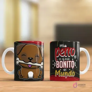 Taza sublimada con dibujo de perro marrón con hueso y frase 'Mi perro es el más BONITO del Mundo'