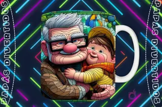 Mockup de taza blanca con diseño de Carl Fredricksen abrazando a Russell de Up en estilo vitral, fondo oscuro con luces de neón 'PAPÁS DIVERTIDOS'.