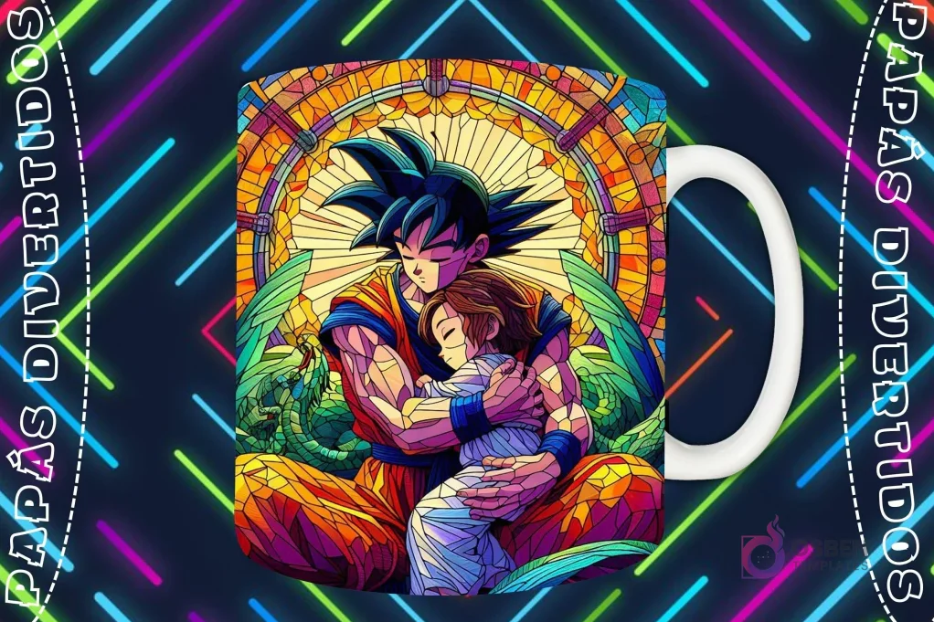 Mockup de taza blanca con diseño de Goku abrazando a un niño (Gohan/Goten) en estilo vitral, fondo oscuro con luces de neón 'PAPÁS DIVERTIDOS'.