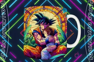 Mockup de taza blanca con diseño de Goku abrazando a un niño (Gohan/Goten) en estilo vitral, fondo oscuro con luces de neón 'PAPÁS DIVERTIDOS'.