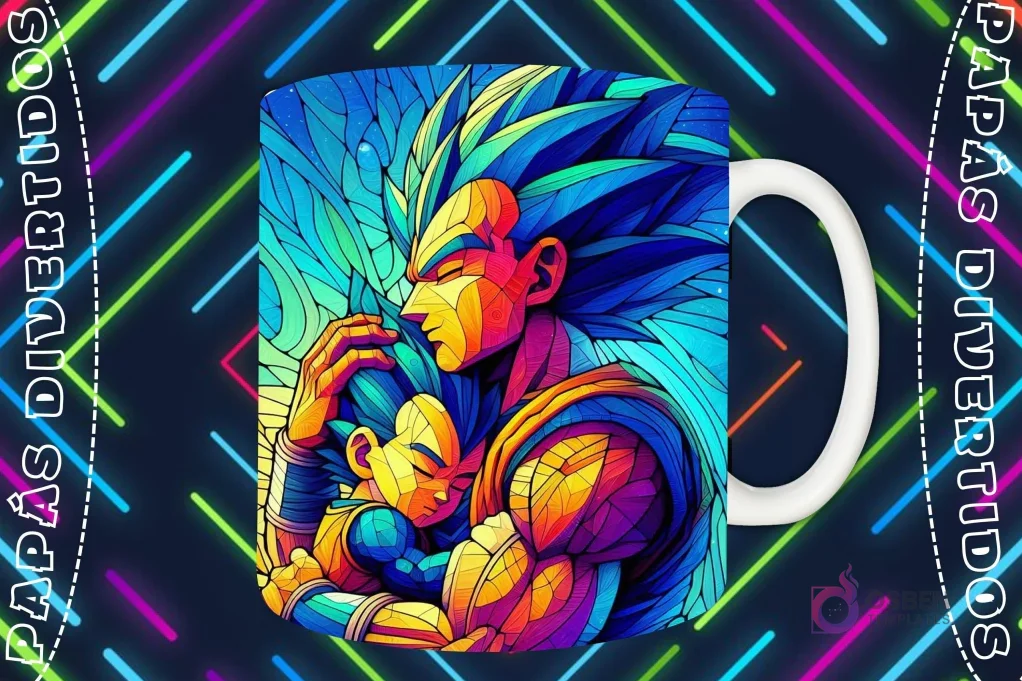 Mockup de taza blanca con diseño de Vegeta abrazando a Trunks en estilo vitral, fondo oscuro con luces de neón 'PAPÁS DIVERTIDOS'.