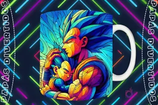 Mockup de taza blanca con diseño de Vegeta abrazando a Trunks en estilo vitral, fondo oscuro con luces de neón 'PAPÁS DIVERTIDOS'.