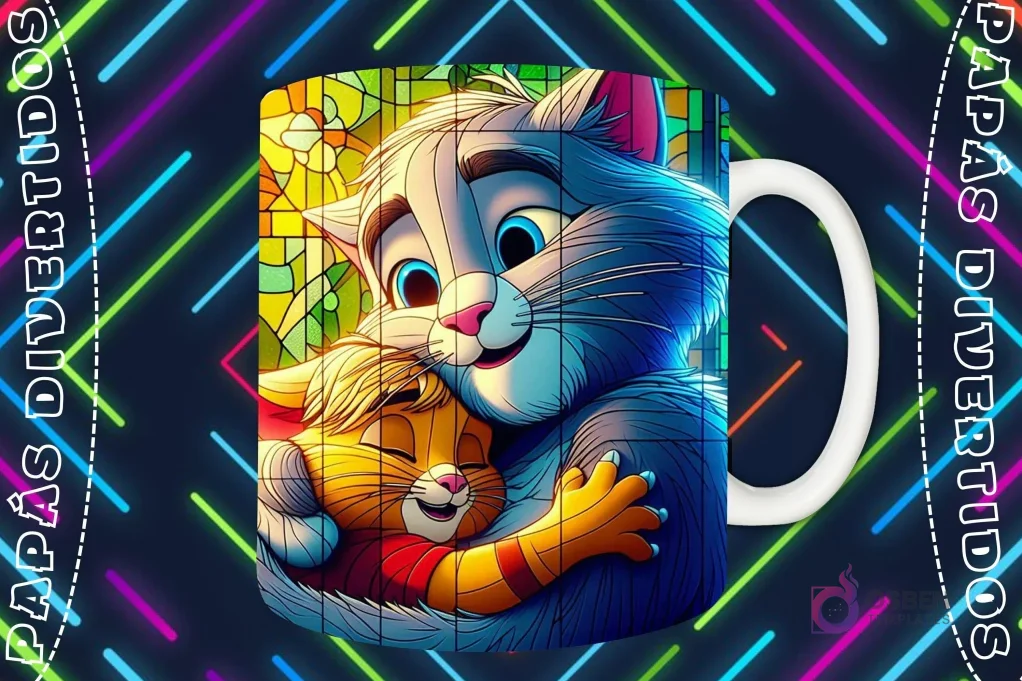 Mockup de taza blanca con diseño de Tom el gato abrazando a Jerry el ratón en estilo vitral, fondo oscuro con luces de neón 'PAPÁS DIVERTIDOS'.