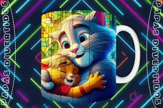 Mockup de taza blanca con diseño de Tom el gato abrazando a Jerry el ratón en estilo vitral, fondo oscuro con luces de neón 'PAPÁS DIVERTIDOS'.