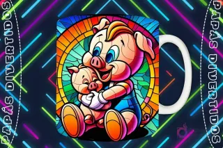 Mockup de taza blanca con diseño de puerco padre abrazando a puerco hijo en estilo vitral, fondo oscuro con luces de neón 'PAPÁS DIVERTIDOS'.