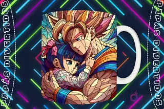 Mockup de taza blanca con diseño de Goku abrazando a una niña de pelo azul en estilo vitral, fondo oscuro con luces de neón 'PAPÁS DIVERTIDOS'.