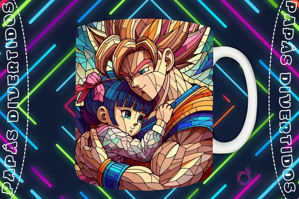 Mockup de taza blanca con diseño de Goku abrazando a una niña de pelo azul en estilo vitral, fondo oscuro con luces de neón 'PAPÁS DIVERTIDOS'.