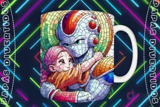 Mockup de taza blanca con diseño de Freezer abrazando a una niña de pelo rosa en estilo vitral, fondo oscuro con luces de neón 'PAPÁS DIVERTIDOS'.