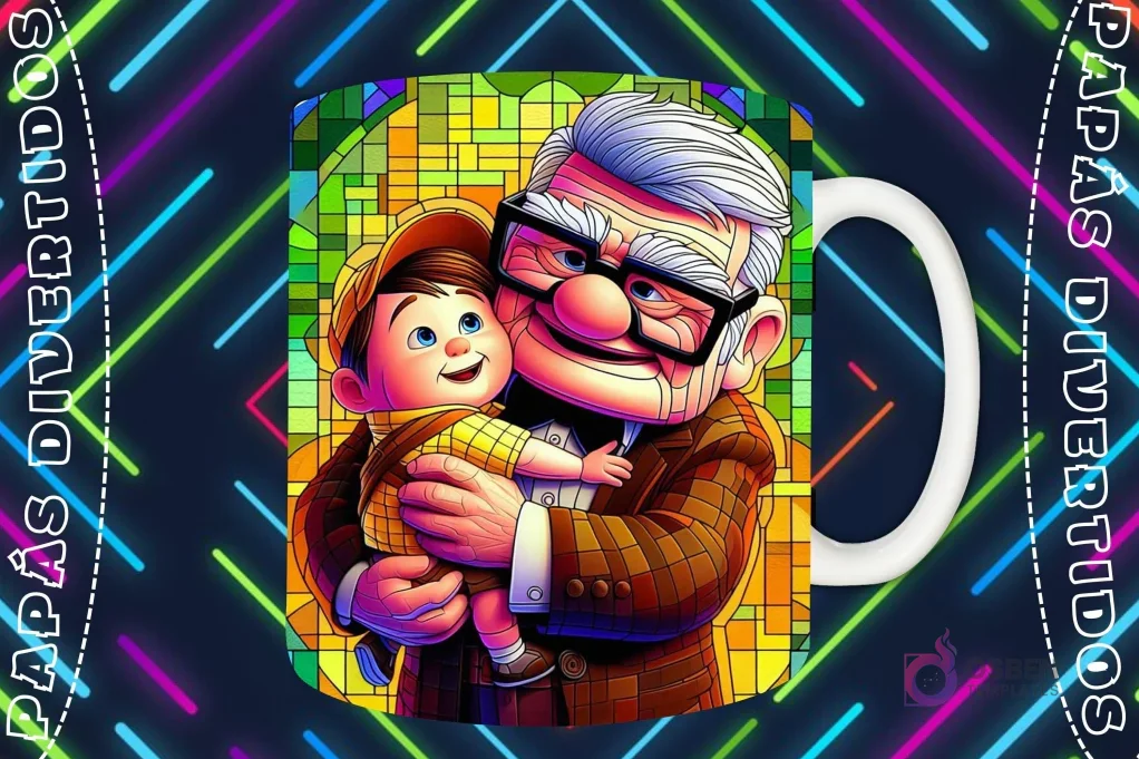 Mockup de taza blanca con diseño de Carl Fredricksen sosteniendo y abrazando a Russell de Up en estilo vitral, fondo oscuro con luces de neón 'PAPÁS DIVERTIDOS'.