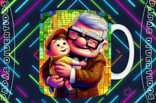 Mockup de taza blanca con diseño de Carl Fredricksen sosteniendo y abrazando a Russell de Up en estilo vitral, fondo oscuro con luces de neón 'PAPÁS DIVERTIDOS'.