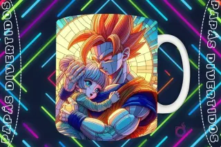 Mockup de taza blanca con diseño de Goku abrazando tiernamente a una niña pequeña en estilo vitral, fondo oscuro con luces de neón 'PAPÁS DIVERTIDOS'.