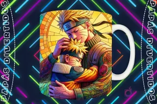 Mockup de taza blanca con diseño de Naruto adulto abrazando a Naruto niño (Boruto) en estilo vitral, fondo oscuro con luces de neón 'PAPÁS DIVERTIDOS'.