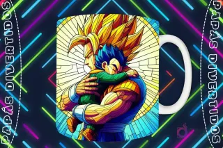 Mockup de taza blanca con diseño de Vegeta en su forma Super Saiyajin abrazando a Trunks en estilo vitral, fondo oscuro con luces de neón 'PAPÁS DIVERTIDOS'.