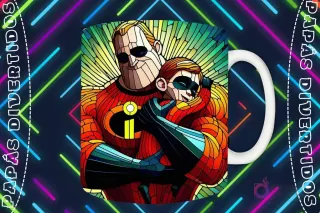Mockup de taza blanca con diseño del Señor Increíble abrazando a Jack-Jack en estilo vitral, fondo oscuro con luces de neón 'PAPÁS DIVERTIDOS'.