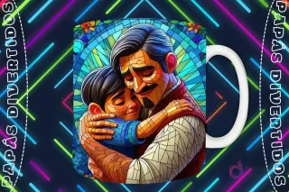 Mockup de taza blanca con diseño de Héctor Rivero y Miguel de Coco abrazándose en estilo vitral, fondo oscuro con luces de neón 'PAPÁS DIVERTIDOS'.