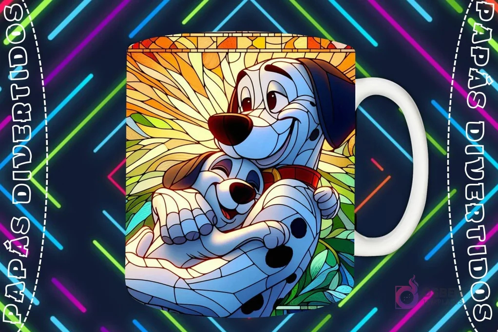 Mockup de taza blanca con diseño de Pongo el dálmata abrazando a un cachorro dálmata en estilo vitral, fondo oscuro con luces de neón 'PAPÁS DIVERTIDOS'.