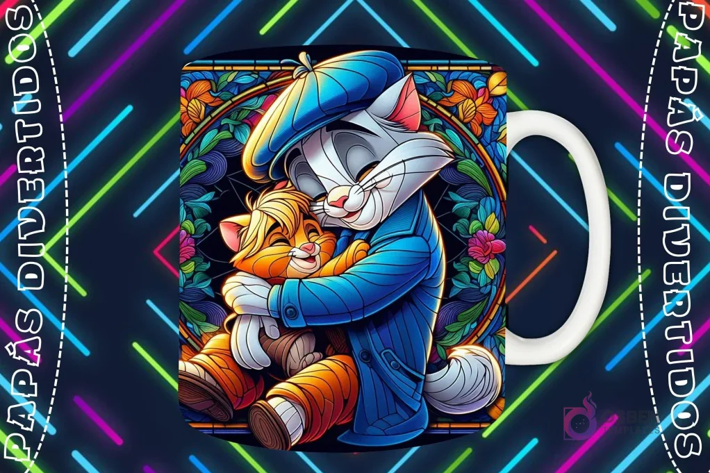 Mockup de taza blanca con diseño de gato padre con gorro abrazando a un gatito en estilo vitral, fondo oscuro con luces de neón 'PAPÁS DIVERTIDOS'.