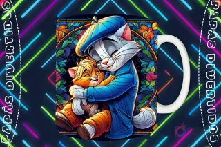 Mockup de taza blanca con diseño de gato padre con gorro abrazando a un gatito en estilo vitral, fondo oscuro con luces de neón 'PAPÁS DIVERTIDOS'.