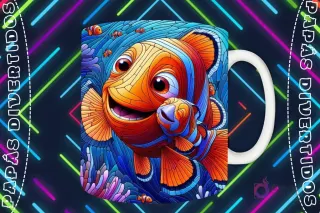 Mockup de taza blanca con diseño de pez payaso adulto y pez payaso bebé (Nemo) nadando entre anémonas en estilo vitral, fondo marino oscuro con luces de neón 'PAPÁS DIVERTIDOS'.