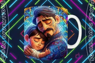 Mockup de taza blanca con diseño de Héctor Rivero y Miguel de Coco abrazándose tiernamente en estilo vitral, fondo oscuro con luces de neón 'PAPÁS DIVERTIDOS'.