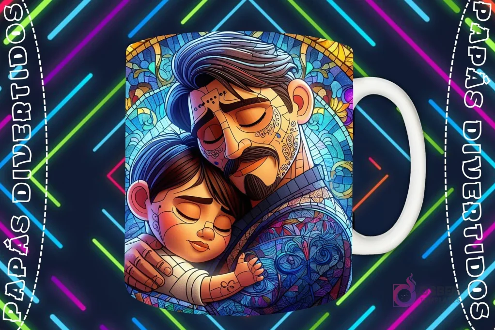 Mockup de taza blanca con diseño de Héctor Rivero y Miguel de Coco abrazándose tiernamente en estilo vitral, fondo oscuro con luces de neón 'PAPÁS DIVERTIDOS'.
