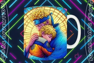 Mockup de taza blanca con diseño de Naruto adulto abrazando a Boruto en estilo vitral, fondo oscuro con luces de neón 'PAPÁS DIVERTIDOS'.