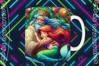 Mockup de taza blanca con diseño del Rey Tritón abrazando a Ariel, quien lo mira feliz, en estilo vitral, fondo oscuro con luces de neón 'PAPÁS DIVERTIDOS'.