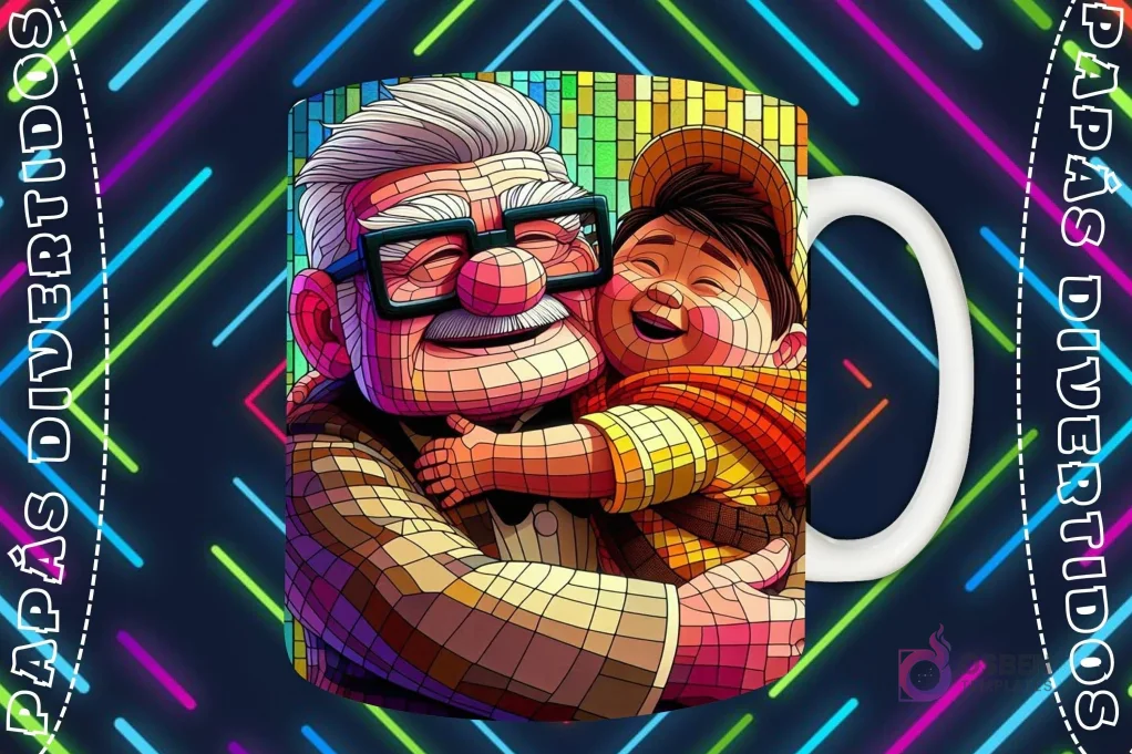 Mockup de taza blanca con diseño de Carl Fredricksen sonriendo mientras abraza a un Russell risueño de Up en estilo vitral, fondo oscuro con luces de neón 'PAPÁS DIVERTIDOS'.