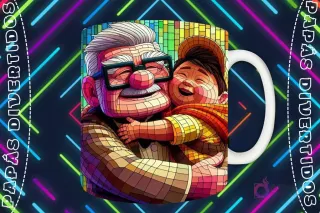 Mockup de taza blanca con diseño de Carl Fredricksen sonriendo mientras abraza a un Russell risueño de Up en estilo vitral, fondo oscuro con luces de neón 'PAPÁS DIVERTIDOS'.