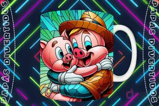 Mockup de taza blanca con diseño de puerco padre granjero abrazando a puerco hijo en estilo vitral, fondo oscuro con luces de neón 'PAPÁS DIVERTIDOS'.