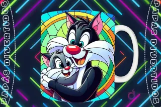 Mockup de taza blanca con diseño de Silvestre el gato abrazando a Silvestre Jr. en estilo vitral, fondo oscuro con luces de neón 'PAPÁS DIVERTIDOS'.