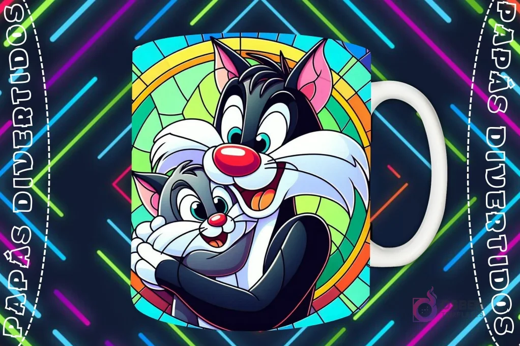 Mockup de taza blanca con diseño de Silvestre el gato abrazando a Silvestre Jr. en estilo vitral, fondo oscuro con luces de neón 'PAPÁS DIVERTIDOS'.