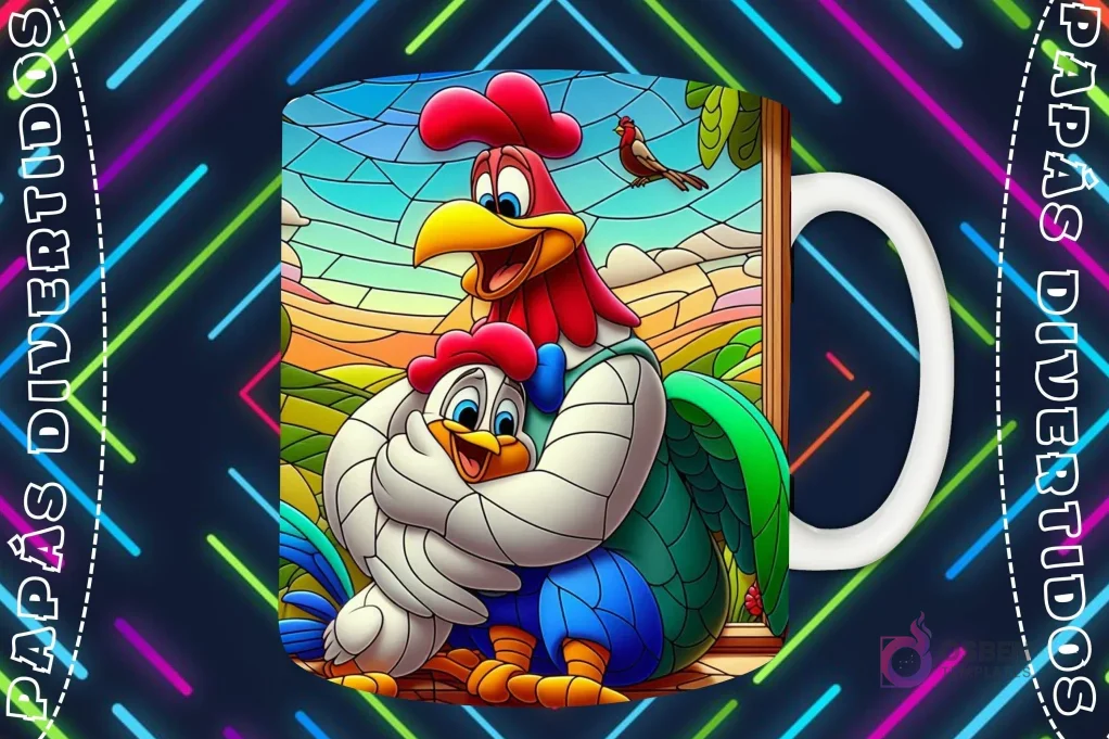Mockup de taza blanca con diseño del Gallo Claudio abrazando a un pollito en estilo vitral, fondo de paisaje rural y luces de neón 'PAPÁS DIVERTIDOS'.