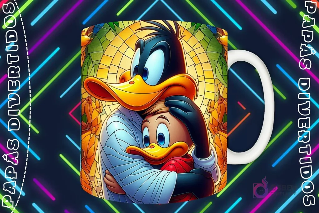 Mockup de taza blanca con diseño del Pato Lucas abrazando a su hijo pato en estilo vitral, fondo oscuro con luces de neón 'PAPÁS DIVERTIDOS'.