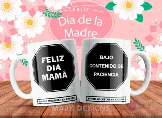 Tazas de sublimación con diseño humorístico para el Día de la Madre, mostrando una etiqueta que dice 'Bajo contenido de paciencia'