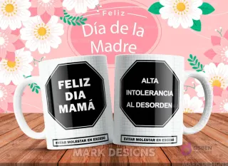 Tazas del Día de la Madre con diseño de etiqueta de advertencia humorística: 'Alta intolerancia al desorden'