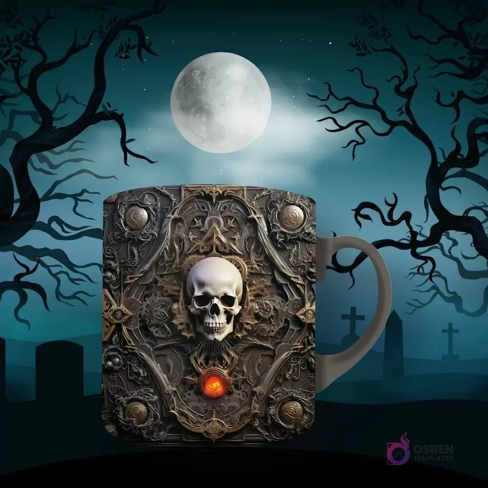Taza de sublimación con diseño gótico de calavera sobre un libro antiguo ricamente ornamentado, con un brillo rojizo. Fondo de luna llena y árboles sombríos.