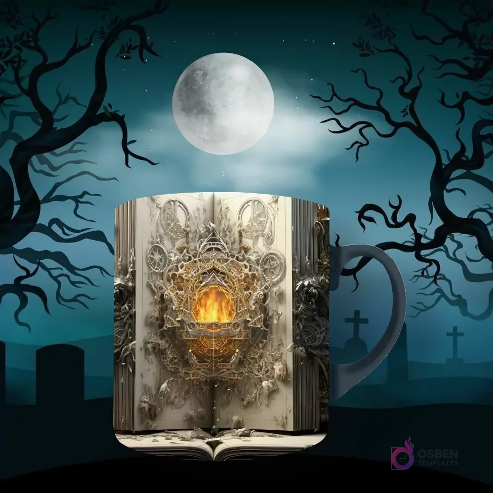 Taza de sublimación con diseño gótico de libro abierto antiguo, mostrando una energía dorada y patrones intrincados. Fondo de luna llena y árboles sombríos.