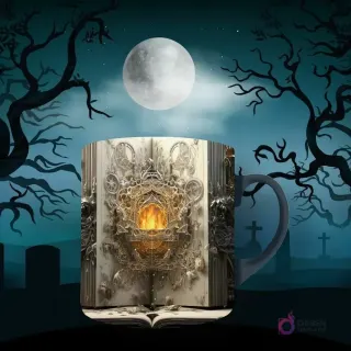 Taza de sublimación con diseño gótico de libro abierto antiguo, mostrando una energía dorada y patrones intrincados. Fondo de luna llena y árboles sombríos.